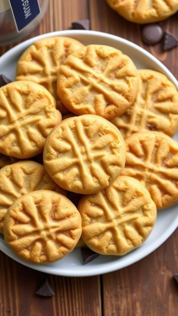 Delicious air fryer peanut butter cookies with a crisscross pattern, served on a rustic wooden plate.